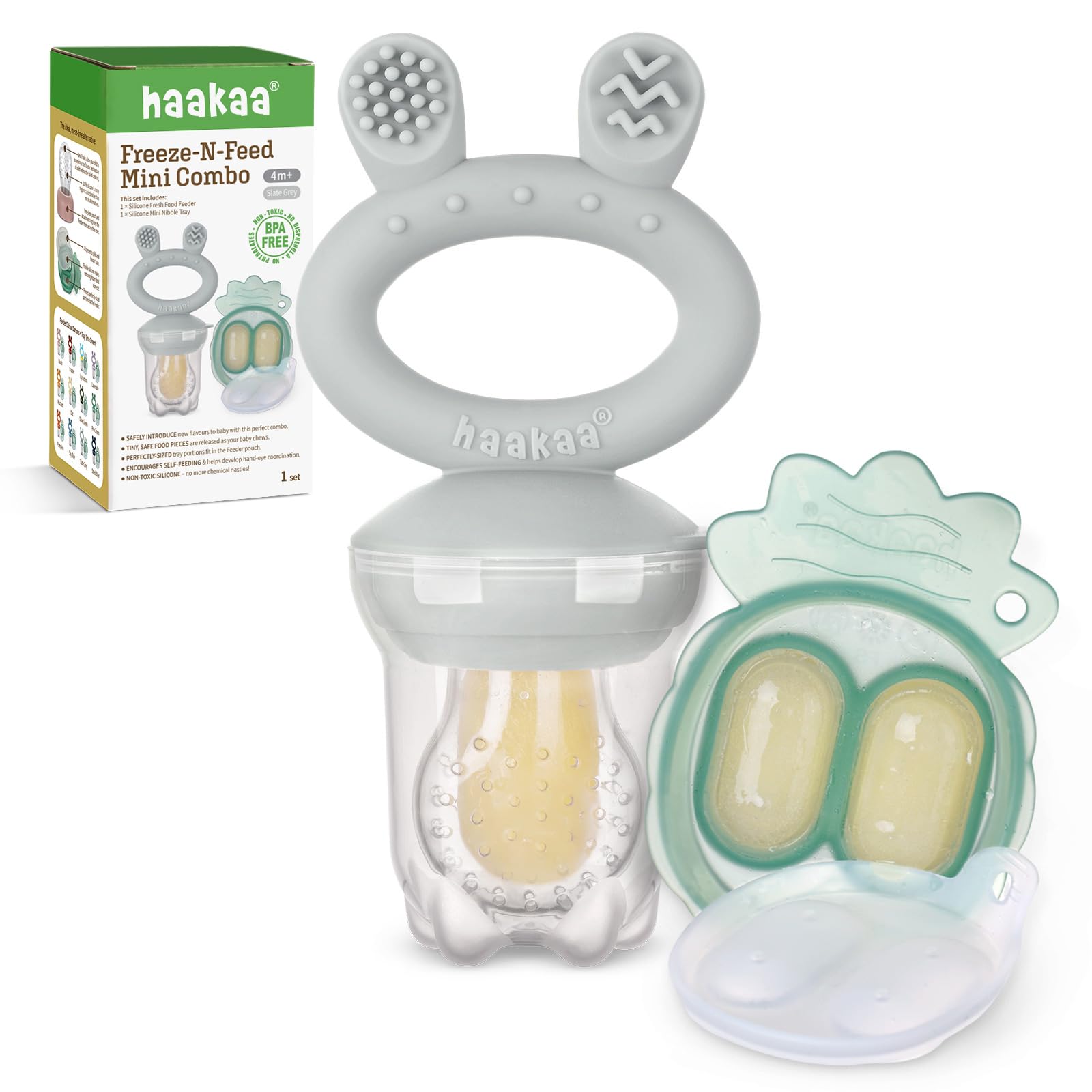 Haakaa - Chupete combinado para comida de frutas para bebé y mini bandeja de mordiscos para congelador, moldes para paleta de leche materna para alivio de enfriamiento del bebé, alimentador de