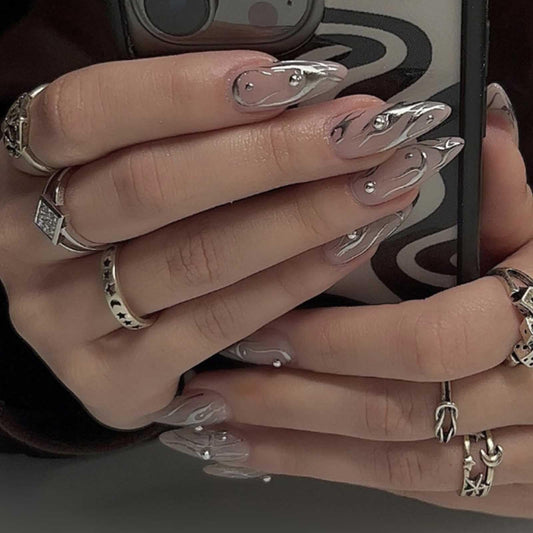 Gifiky Uñas Postizas Nude Mediano Almendra Presione En Uñas Perla Llama Uñas Consejos Acrílico Uñas Falsas para Mujeres y Niñas 24Pcs