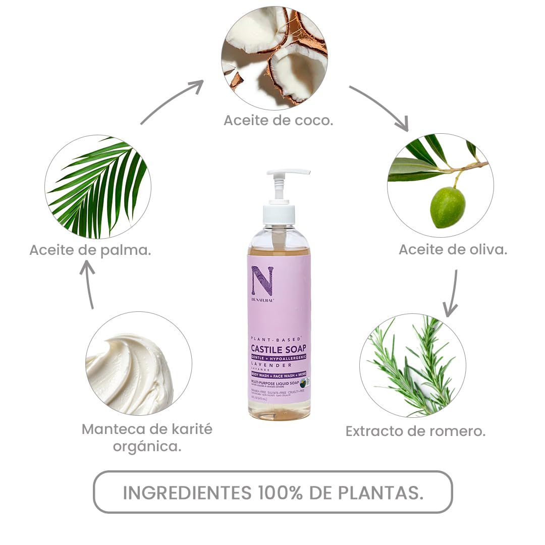 Dr. Natural Jabón de Castilla Líquido para Cuerpo | Natural, Orgánico, Sin Sulfatos y Parabenos | Shampoo y Jabon Facial | Hecho de Plantas, Aceite de Oliva, Coco y Palma, Manteca de Karité y Romero (Lavanda)