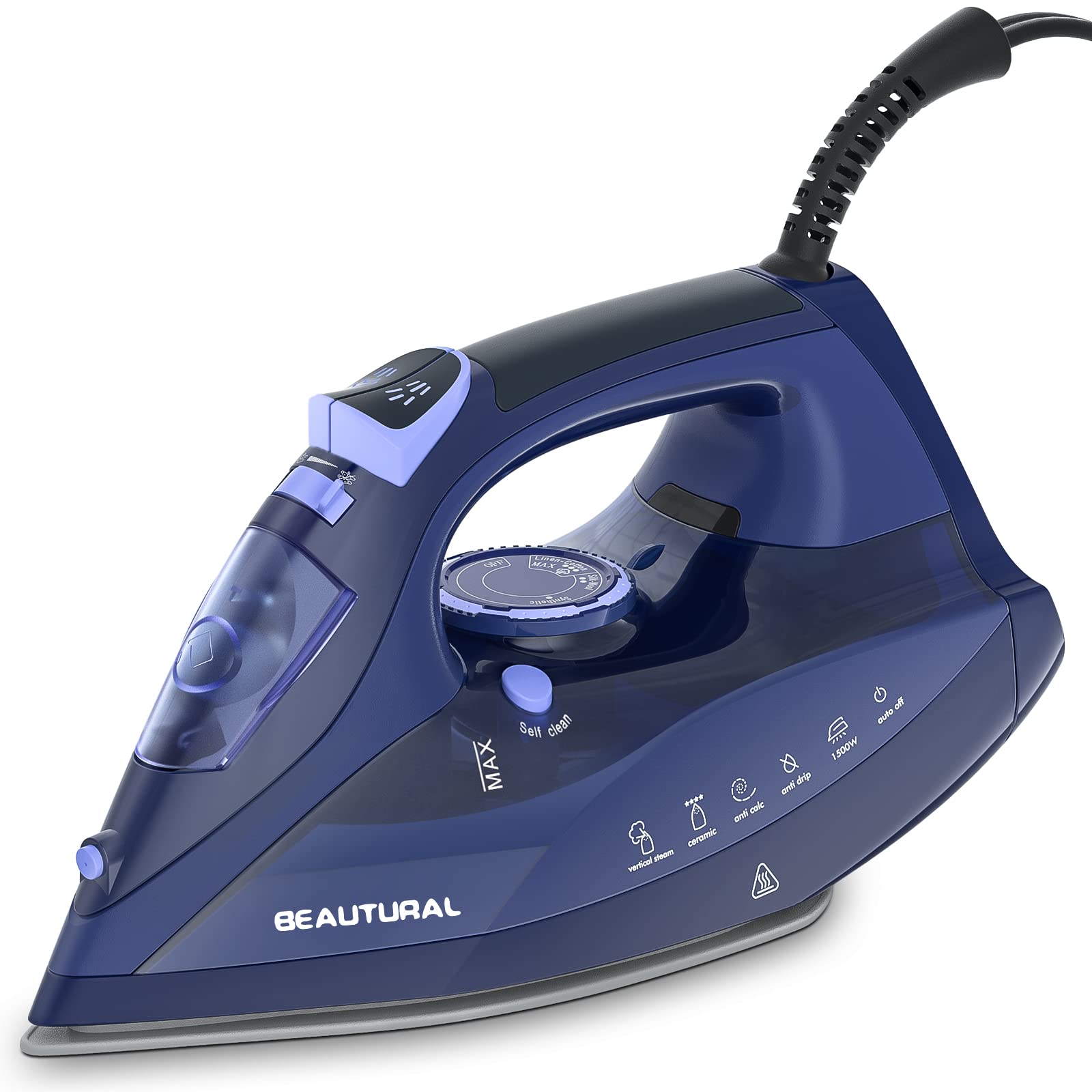 BEAUTURAL Plancha de vapor para ropa con esfera de termostato de precisión, suela recubierta de cerámica, 3 vías, auto-limpieza, anticalcio, antigoteo