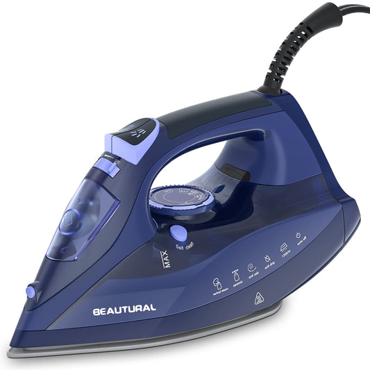 BEAUTURAL Plancha de vapor para ropa con esfera de termostato de precisión, suela recubierta de cerámica, 3 vías, auto-limpieza, anticalcio, antigoteo