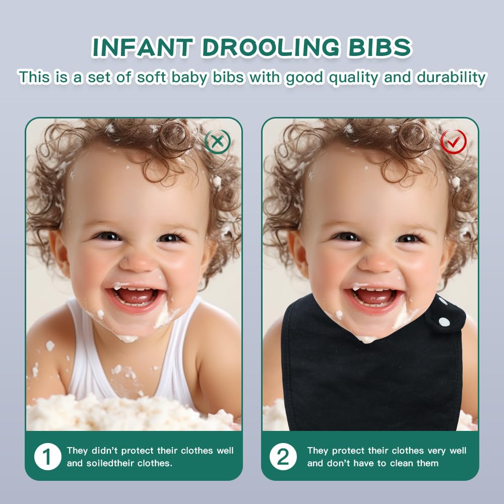 lazyrhino - Paquete de 8 baberos unisex ajustables con broches de presión ultra suaves y absorbentes para la dentición para niños y niñas (negro)