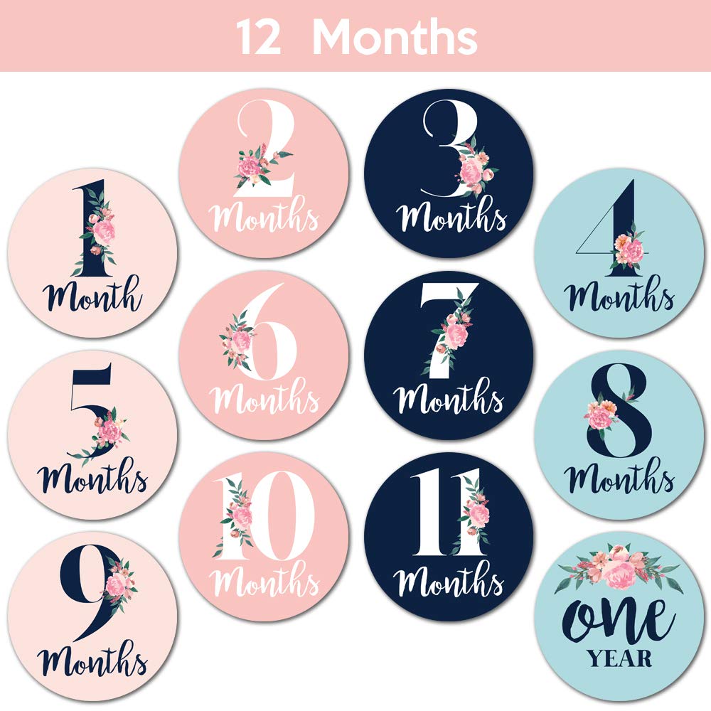 Pegatinas mensuales para bebé, juego de 24 unidades, calcomanías florales para bebé niña, perfectas para niñas recién nacidas, hitos de mes a mes, diseño floral rosa, azul marino y verde azulado