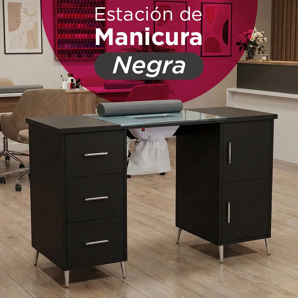 Mesa de Manicura VANLIG Negro Profesional con Colector de Polvo y Cojín