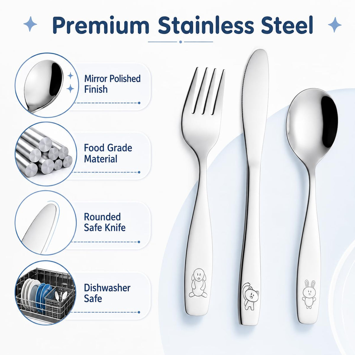 Exzact Stainless Steel 18 Pieces Childrens Flatware/Kids Silverware/Cutlery Set - 6 x Safe Forks, 6 x Safe Table Knives, 6 x Tablespoons - Safe Toddler Utensils (Engraved Dog Cat Bunny)