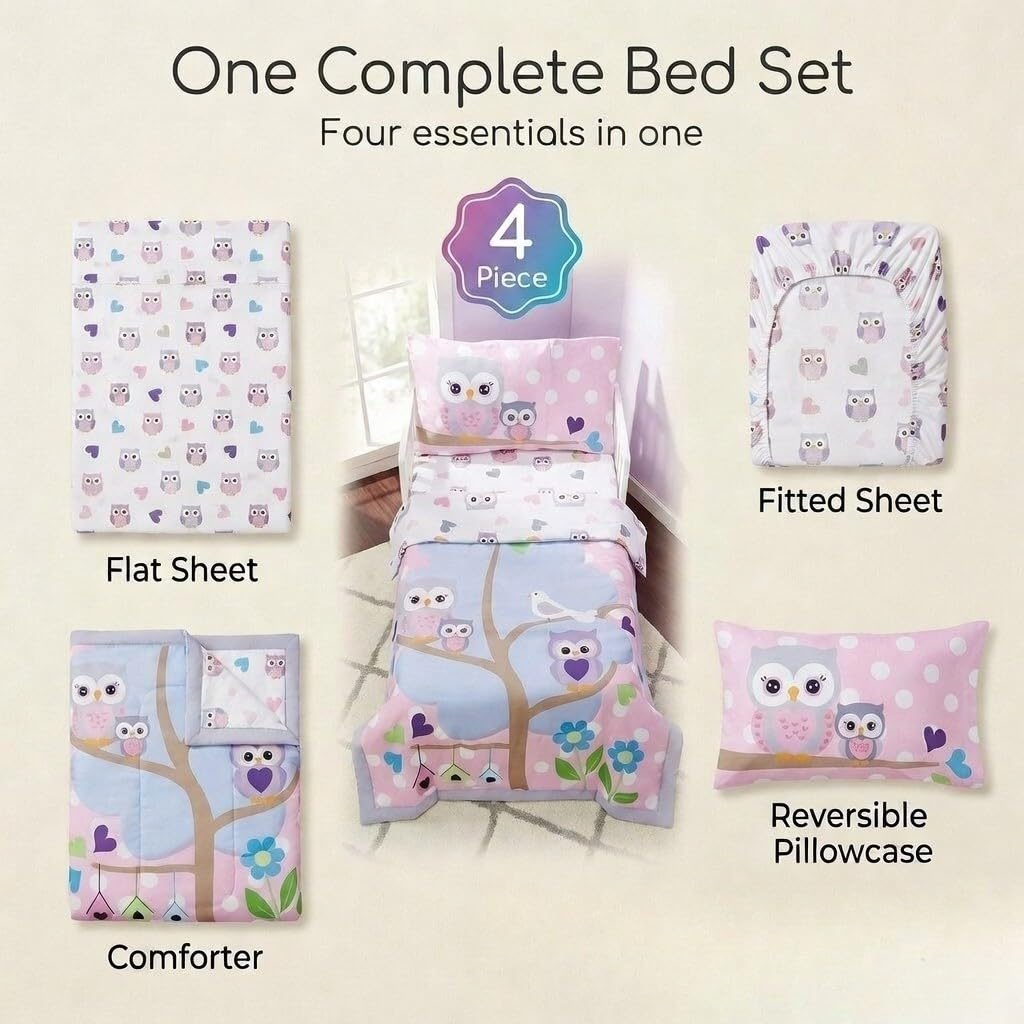 EVERYDAY KIDS Juego de ropa de cama de 4 piezas para niños pequeños - Búhos - Suave 100% Algodón Percal - Incluye edredón, sábana encimera, sábana bajera ajustable y funda de almohada reversible