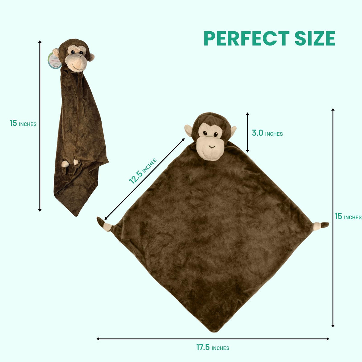 Pepe n Tito - Manta de seguridad para bebé, 45 cm de alto, suave forro polar, manta para bebé para niños y niñas, manta calmante con peluche de animal, Mono marrón