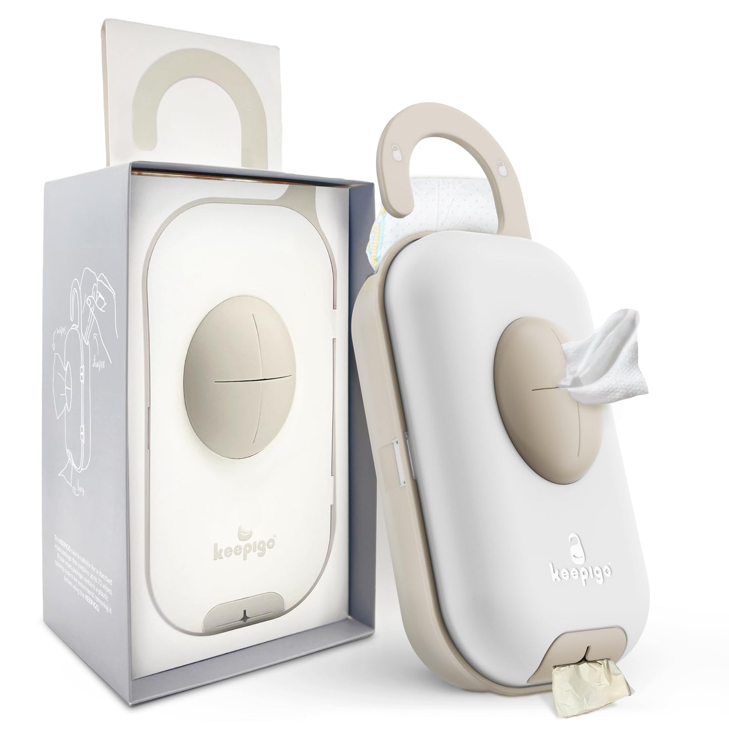 keepigo - Dispensador de toallitas para pañales | Organizador portátil 3 en 1, soporte para toallitas para bebés con bolsas desechables | Esenciales para bebés recién nacidos, niños pequeños, regalos