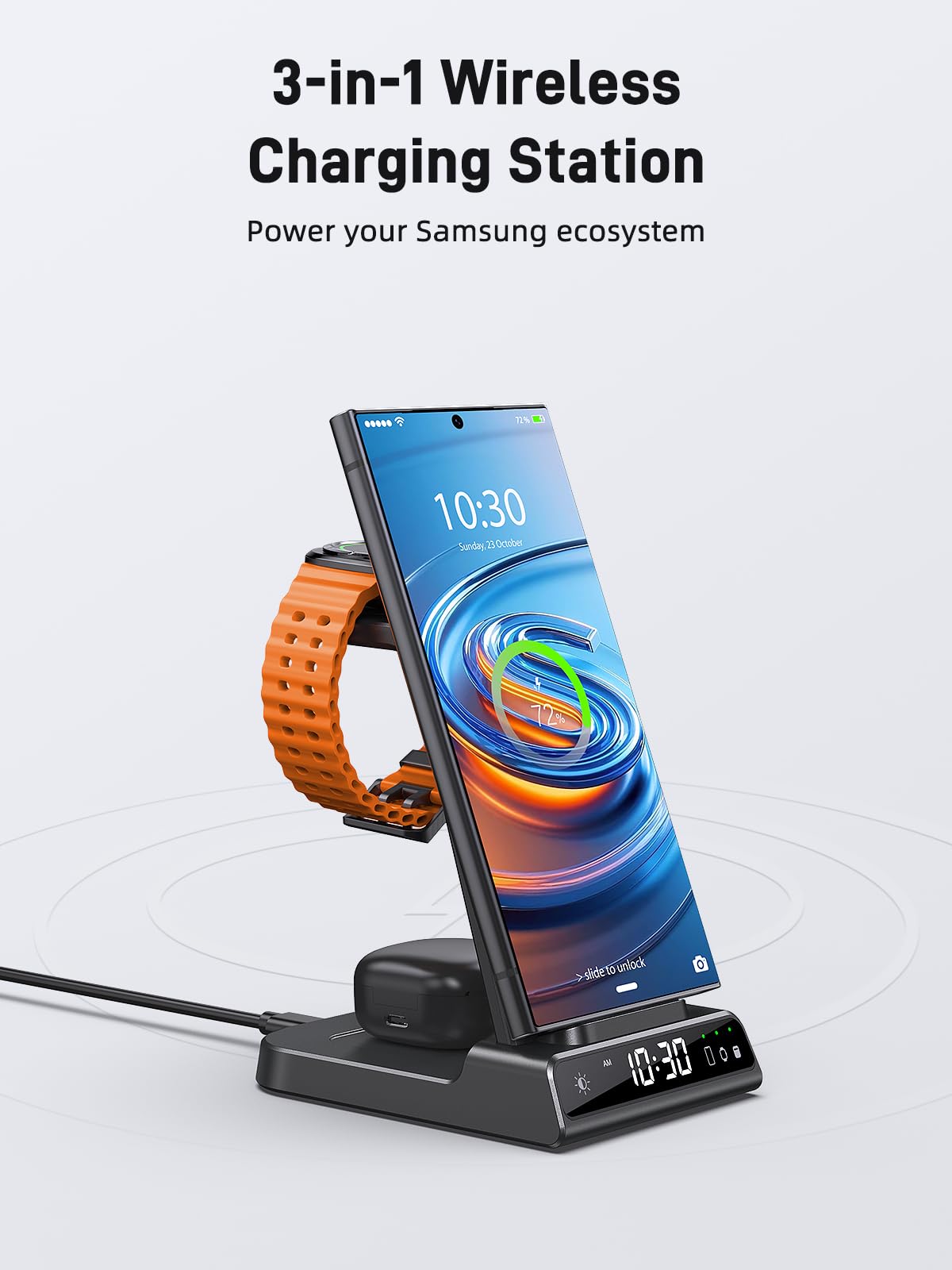 Cargador inalámbrico para estación de carga Samsung, cargador inalámbrico de teléfono Android 3 en 1 para Samsung Galaxy S24 Ultra/S23 Ultra/Z Flip 5/Fold 5/Bud, cargador para Galaxy Watch 6/5/4 (solo