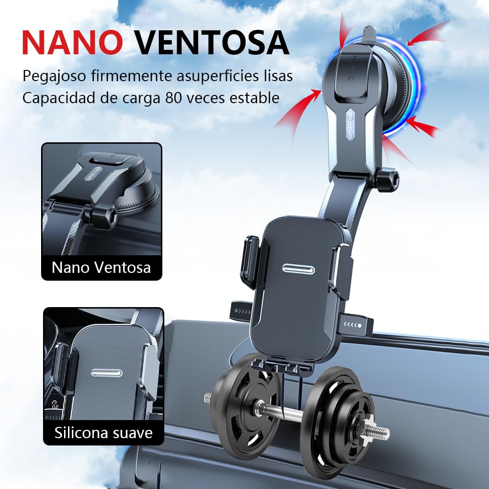 BAYLOVE Soporte Celular Automóvil + Adaptador Auto Carga Rápida Cuatro Puertos, Soporte Celular Auto por Gravedad para Ventosa De Alta Viscosidad, Apto para Todos Los Modelos de Teléfono Móvil