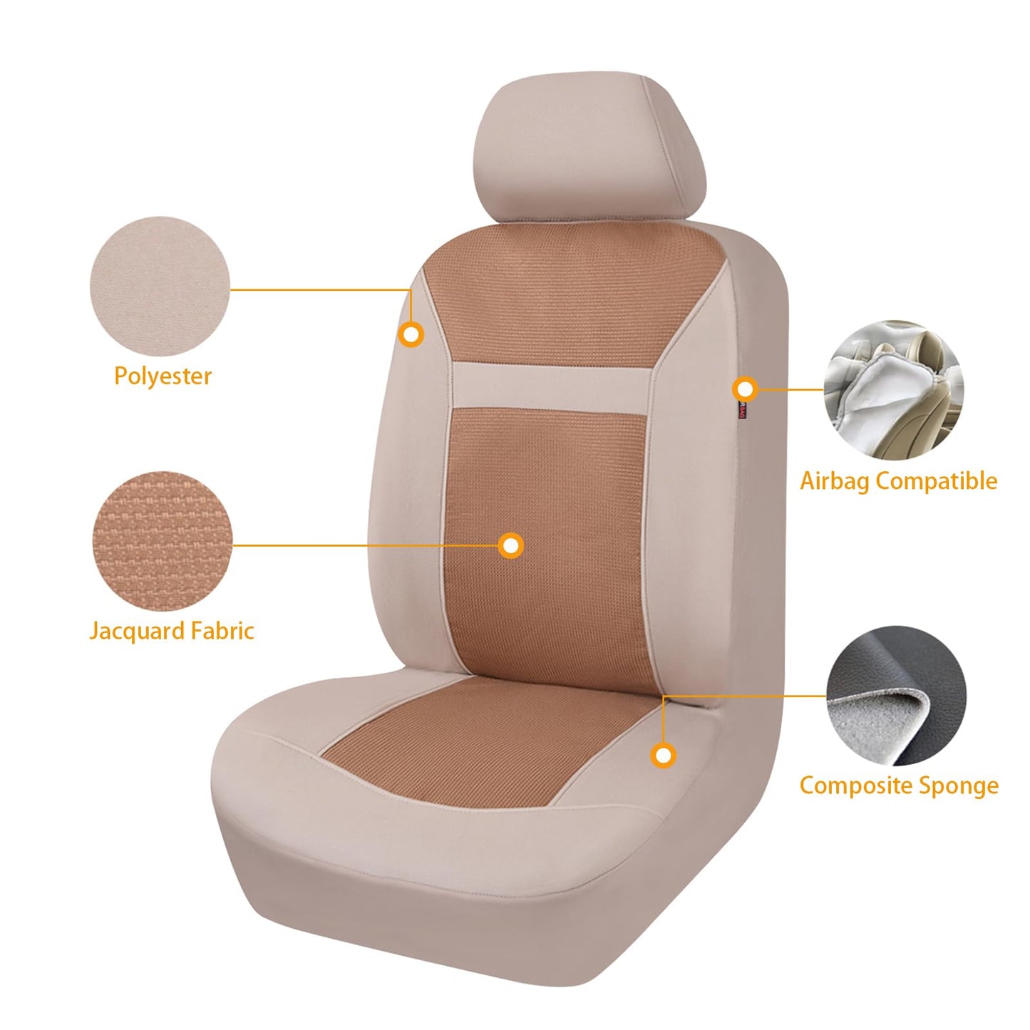Flying Banner Car Seat Covers Full Set Universal fit Most Car,Truck,SUV and Van Comfortable Airbag Compatible Jacquard & Polyester (Beige Beige, Full Set - Low Back)