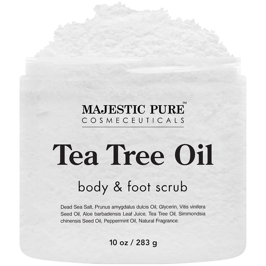 MAJESTIC PURE Tea Tree Body and Foot Scrub - Strong Shield against Fungus - Best Exfoliating Cleanser for Skin - Natural Help Against Acne and Callus - Promotes Healthy Foot - 12 oz