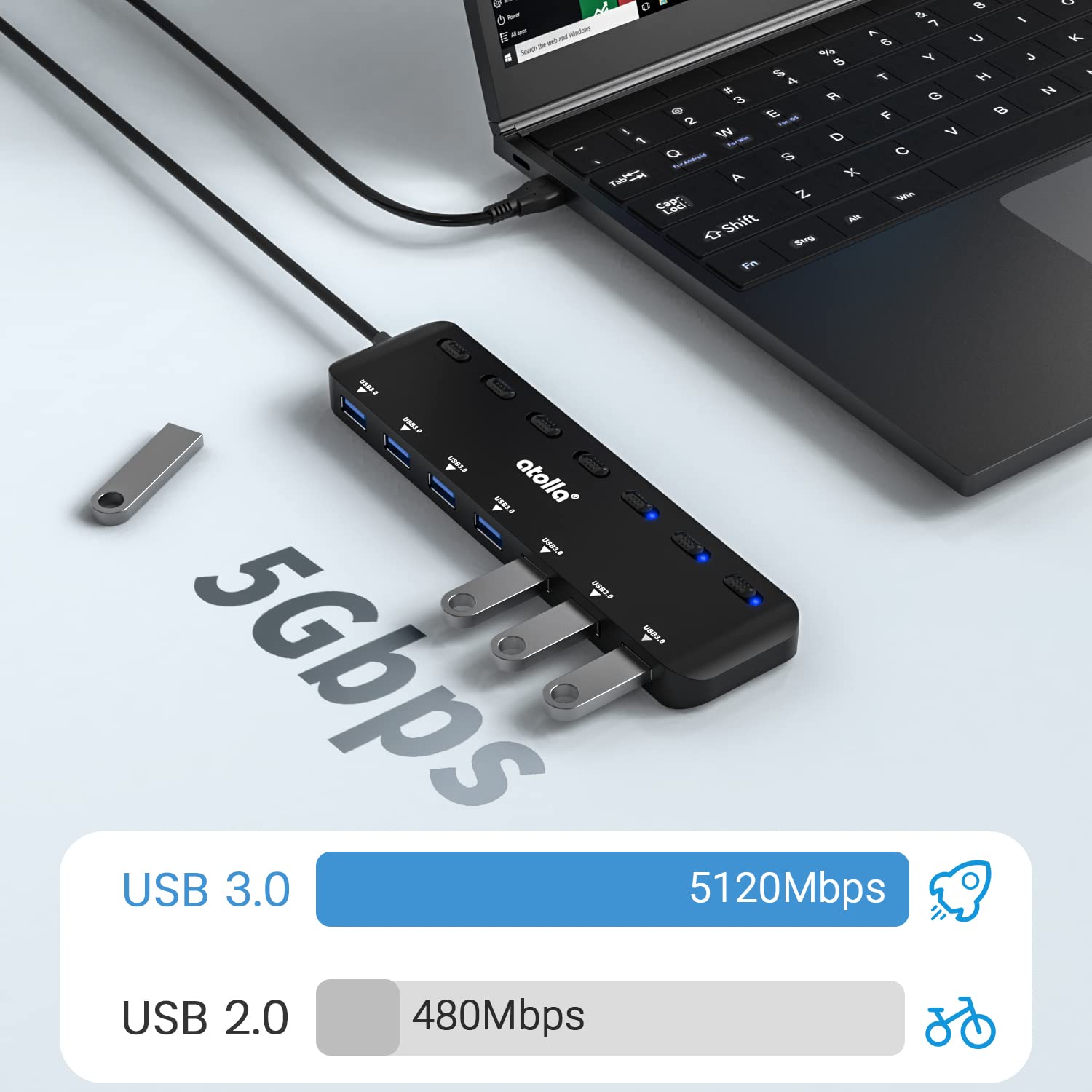 atolla Hub USB 3.0, 7 Puertos Multi USB 3.0 SuperSpeed 5Gbs, Adaptador USB con 7 Interruptores e Indicadores Individuales Compatible con Windows, Mac OS, Linux y Otros Sistemas operativos