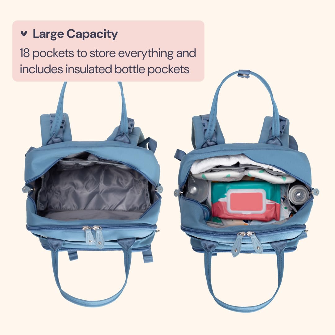 BabbleRoo Mochila para pañales, bolso esencial de viaje para bebé, impermeable, multifunción, con cambiador, correas para cochecito y estuche para chupetes, unisex, azul claro