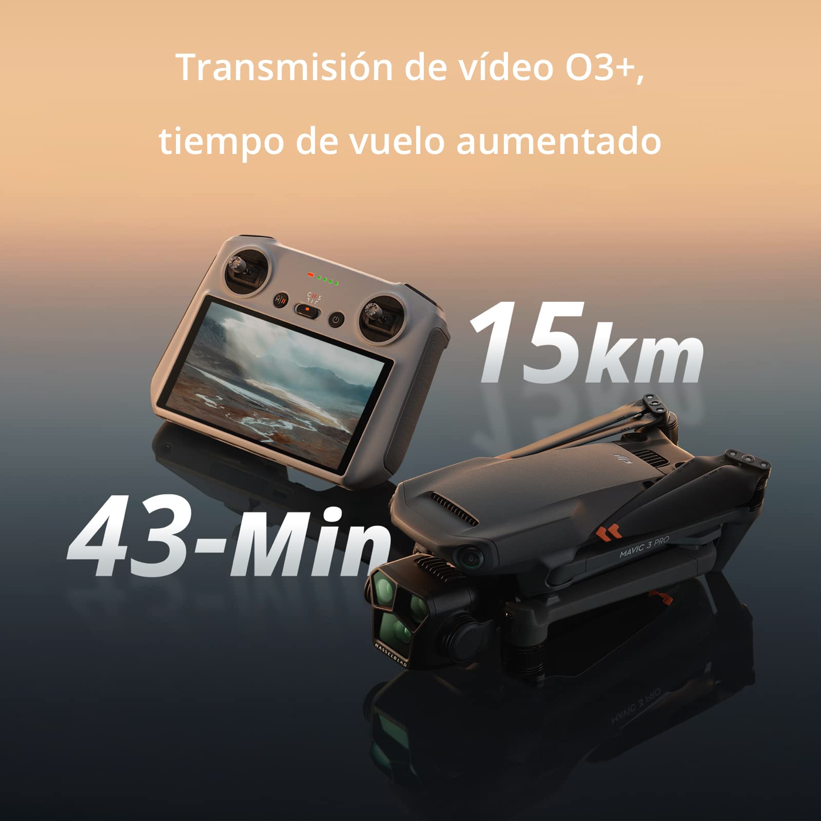 DJI Mavic 3 Pro con DJI RC (control remoto con pantalla), dron insignia de tres cámaras con cámara Hasselblad con CMOS 4/3, 43 min de tiempo de vuelo y transmisión de vídeo HD a 15 km