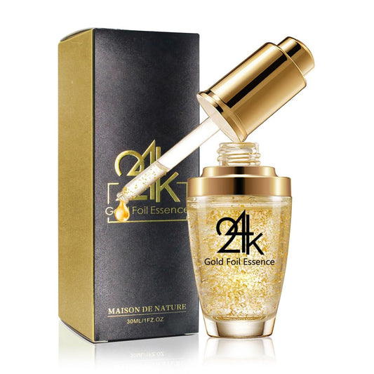 Serum Treatment for Women: 24K Gold Foil Essence with Hyaluronic Acid - Anti Aging, Wrinkle Moisturizing, Firming Face Care - 30ml
