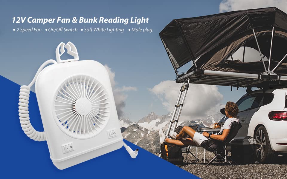 Ventilador Dream Lighting Blanco de 12 Vot con Luz de Lectura LED de 2 Velocidades para Caravana y Camping