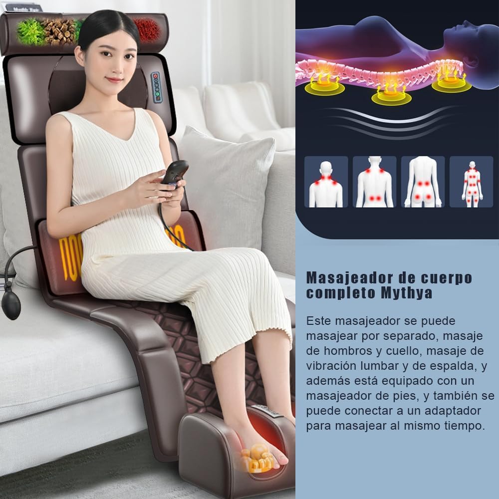 Mythya Cojín de Masaje Eléctrico, Masajeador de Cuerpo Completo, Colchoneta de Masaje con Calefacción, Almohadilla Masajeador de Espalda con Motores de Vibración, Máquina de Masaje de Piernas y Pies