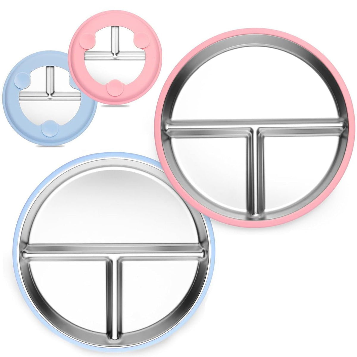 2 Plat de acero inoxidable con succión, platos divididos de 9 pulgadas con mangas de silicona extraíbles, Placas de acero inoxidable sin BPA (Azul y Rosa)
