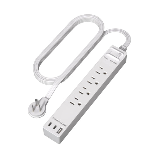 LIDER Extensor de salida con 4 receptáculos, USB-A y 2 USB-C, enchufe plano ultrafino con extensor de cable, tira de alimentación de 4 tomas, diseño en ángulo delgado, protector de sobretensiones