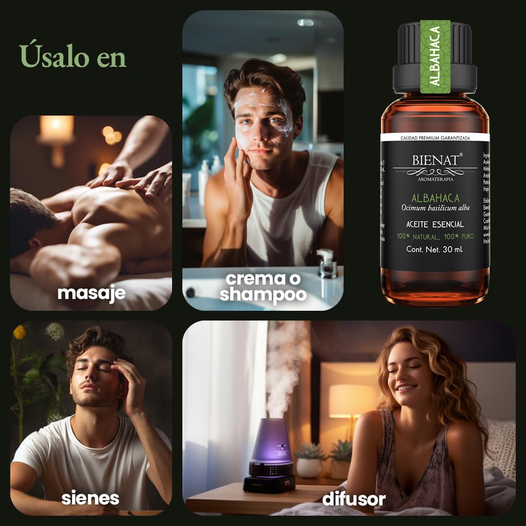 BIENAT AROMATERAPIA Aceite Esencial de Albahaca 30mL | 100% Puro y Concentrado | Ideal para Difusor de Aromas, Humidificador, Aromaterapia, Masajes, Meditación, Jabones y Velas | Esencia Natural en Gotas