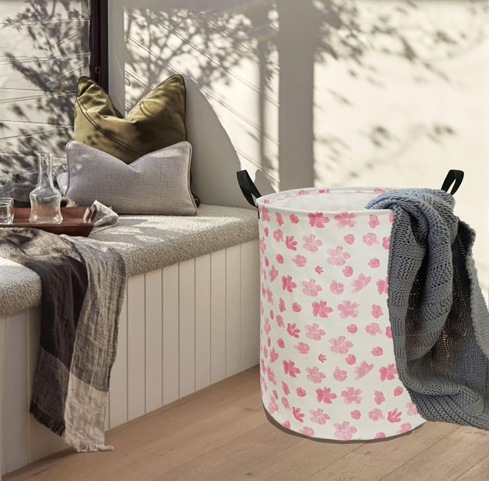 ACMUUNI Cesta de lavandería de 19.7 pulgadas con flores rosas, cesta de lavandería con asas, contenedores organizadores de almacenamiento, cesta de regalo para lavandería para la habitación