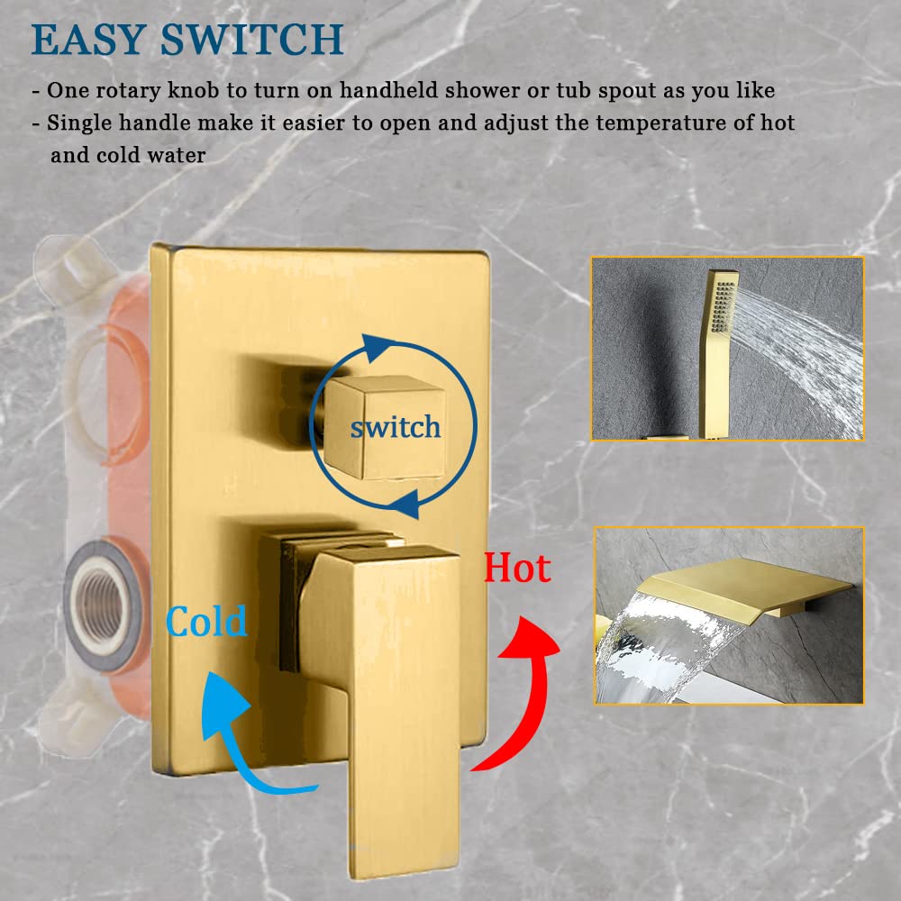 Sistema de Ducha para Bañera YESIMI Dorado Cepillado con Boquilla de Cascada y Ducha de Mano de Alta Presión