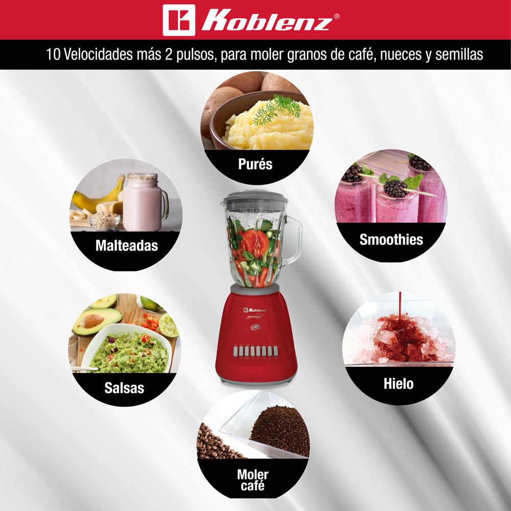 Licuadora Koblenz Gourmet con Vaso de Vidrio de 1.5 L, 10 Velocidades y Función de Pulso de 2 Niveles, 4 Cuchillas de Ultra-duración, Tritura Hielo, Malteadas, Purés, 500 W, Color Rojo (LKM-5970 VR)