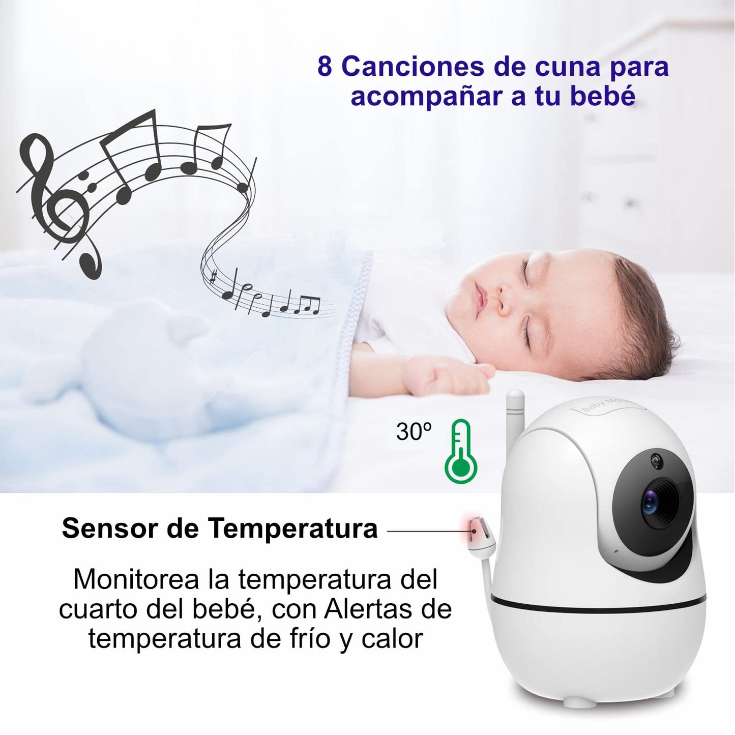Monitor para Bebé ZINKER Blanco Cámara Robótica Full HD 1080p Visión Nocturna y Vigilancia de Temperatura