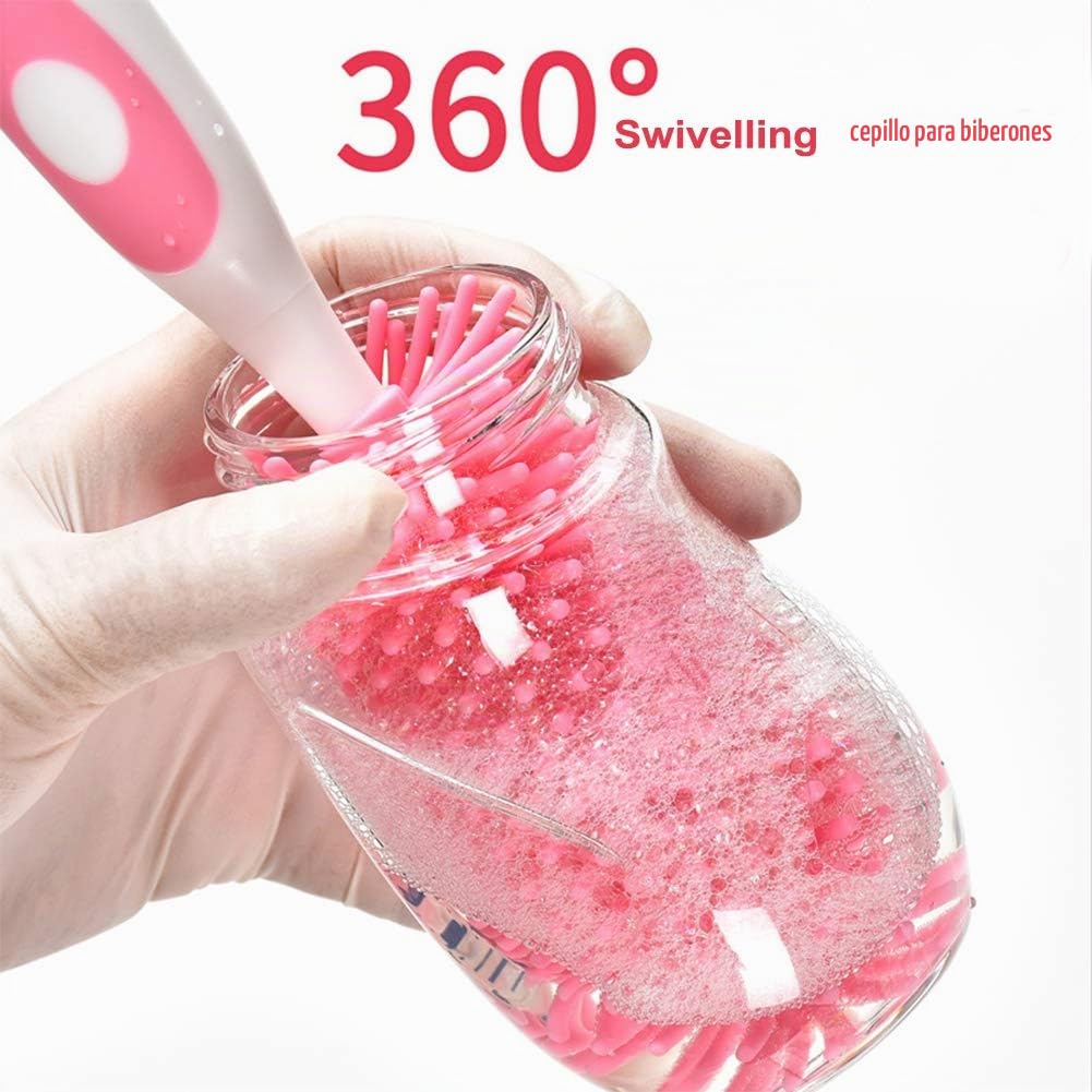 PAPU BABY Cepillo para Biberón/Botella de Silicón 100% grado alimenticio. Escobillón para Biberones. (Rosa)