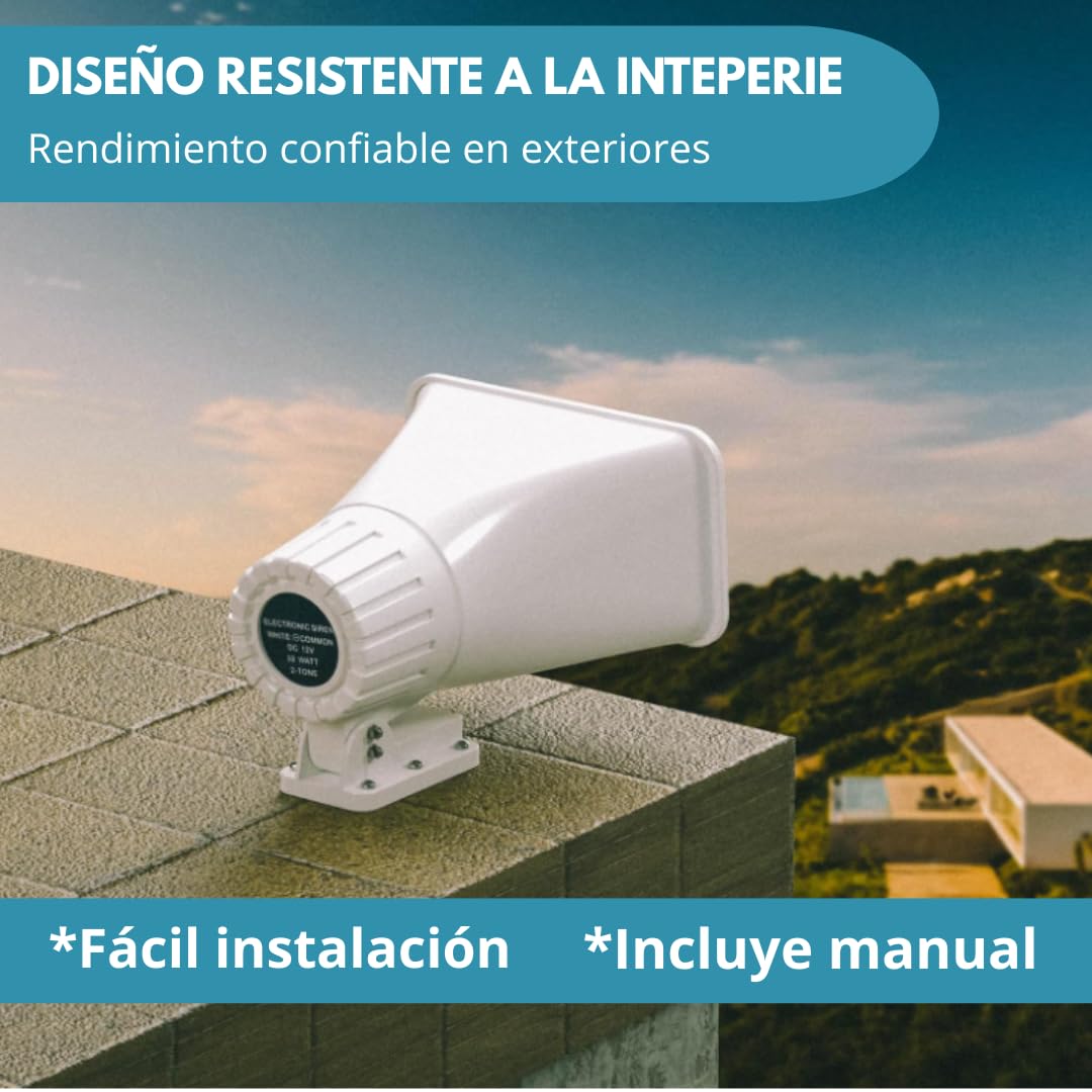 Clicklife - Sirena Alarma Vecinal 30W con 1 Control Remoto Sonido Potente de 100 m (229 dB) | Seguridad para Casa Negocio Escuela Fácil de Instalar Resistente al Clima con Frecuencia de 433 MHz