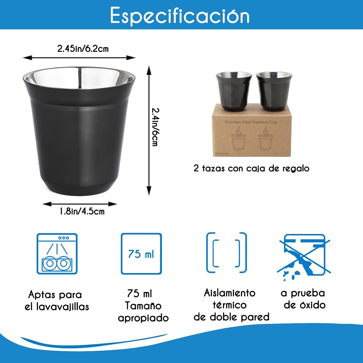 Juego de Tazas de Espresso Easyworkz Acero Inoxidable Aislamiento Doble Pared 75 ml