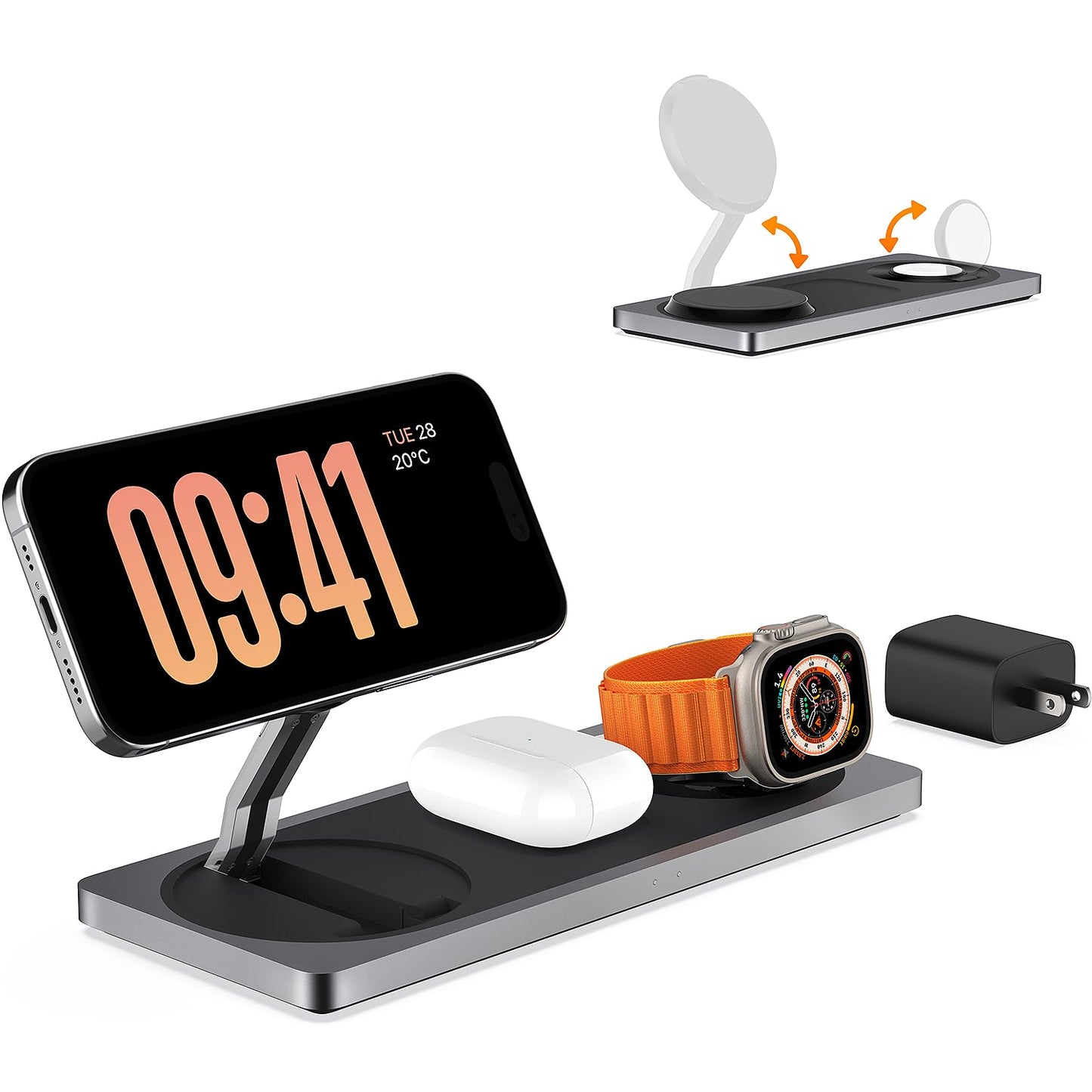 Base de Carga Inalámbrica PETINO Negra 3 en 1 para iPhone, Apple Watch y AirPods