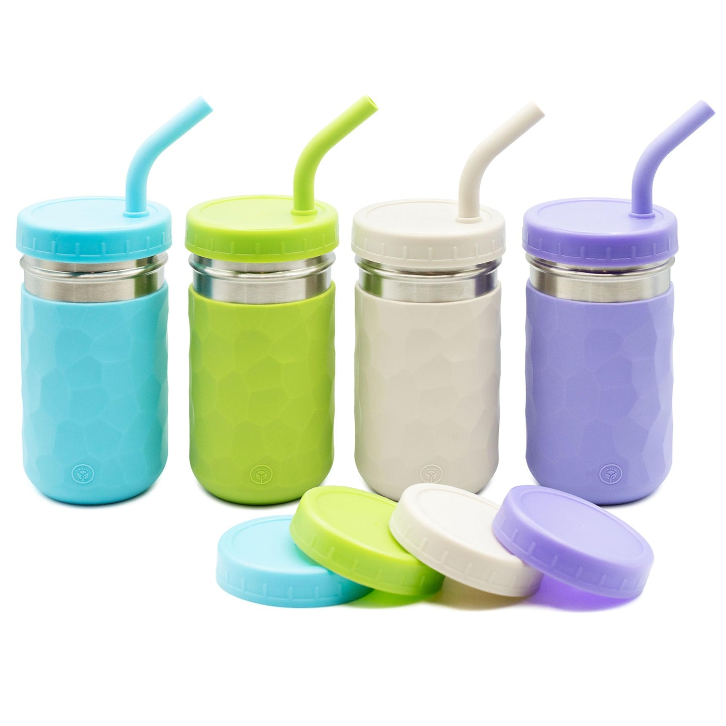 WeeSprout 2 en 1 - Vasos para niños, Vasos de acero inoxidable duraderos con pajitas de silicona, Tapas giratorias de plástico premium, Fundas de fácil agarre, 354.88 ml, 4 unidades