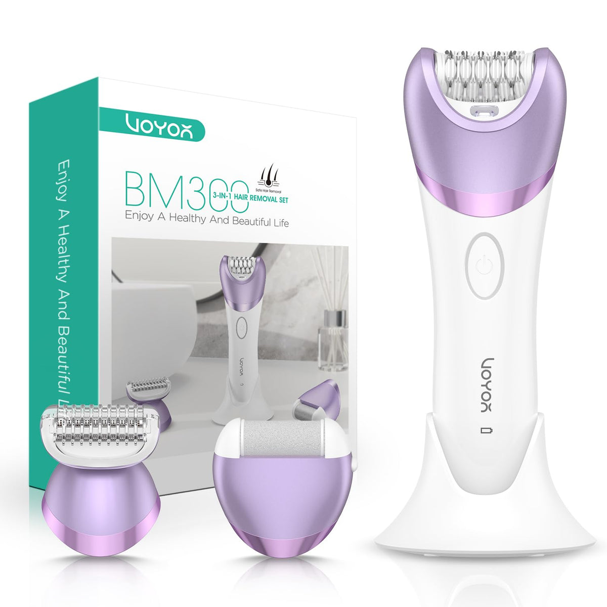 VOYOR Depiladora para Mujeres, Inalámbrica y Recargable, Depiladora con 30 Pinzas, Depiladoras 3 en 1 con Afeitadora Eléctrica y Lima para Pies, Dispositivo de Depilación para Brazo y Pierna BM300