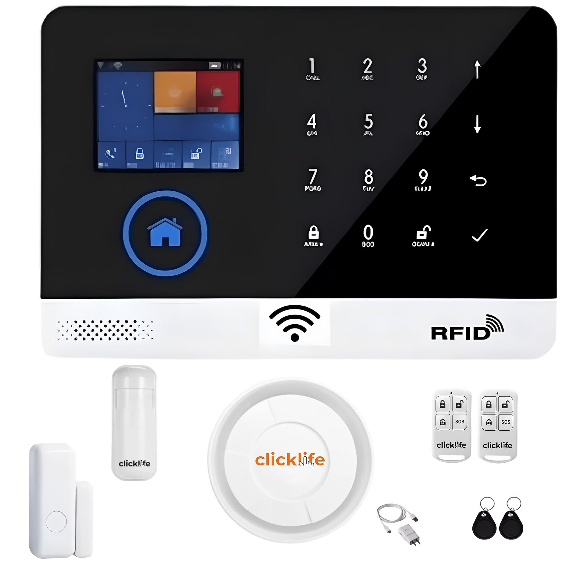 Clicklife - Kit Alarma WiFi Sistema de Seguridad Inalambrica para Casa y Negocio con App Celular, Compatible con Google y Alexa Notificaciones en Tiempo Real (2 Sensores, Control de 100 Zonas)