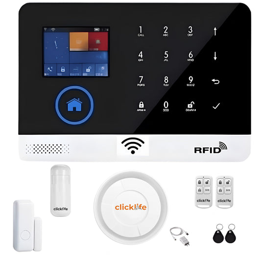 Clicklife - Kit Alarma WiFi Sistema de Seguridad Inalambrica para Casa y Negocio con App Celular, Compatible con Google y Alexa Notificaciones en Tiempo Real (2 Sensores, Control de 100 Zonas)