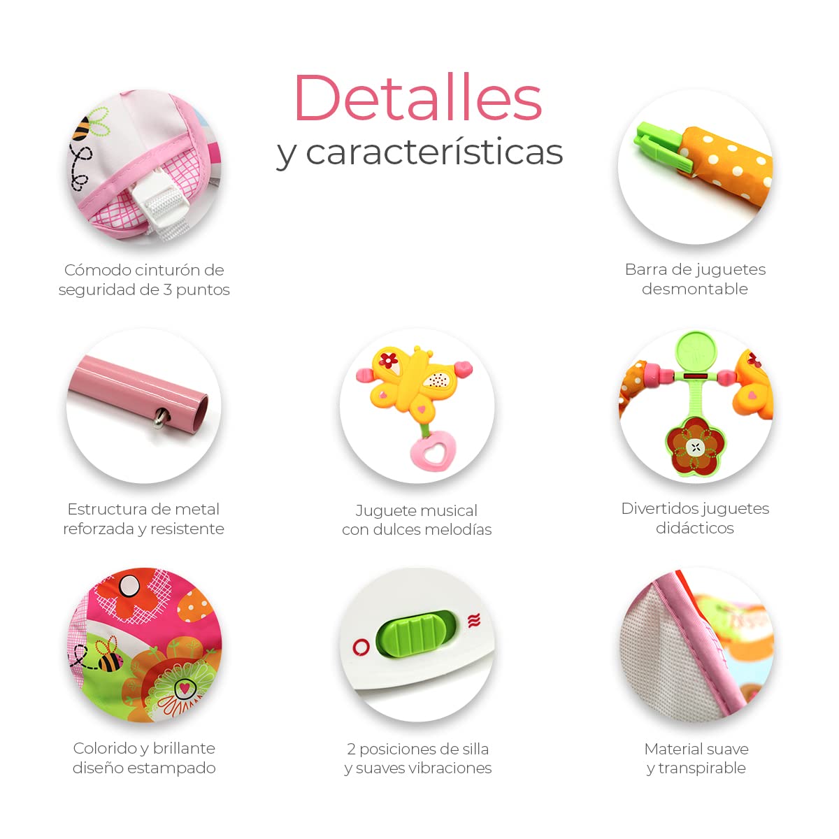 Silla Mecedora Musical Raganet Rosa con Barra de Juguetes Desmontable para Bebés y Niños