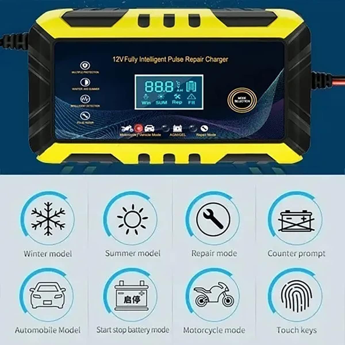 Cargador Inteligente de Batería 12V para Auto/Motocicleta | LCD, Carga Automática 3 Etapas, Protección Múltiple, Apto para Gel/AGM/Húmedas | Modos Estacionales