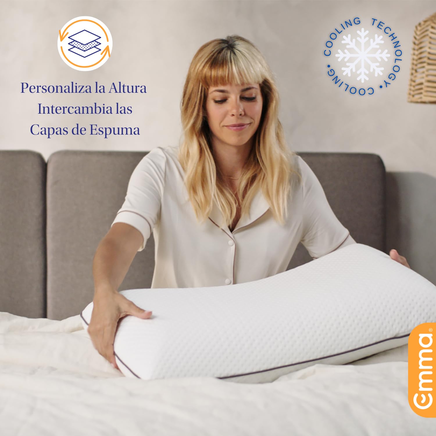 Almohada Emma Diamond Degree l Queen Size l 70x40 cm l Memory Foam l Soporte, Altura y Firmeza Ajustables l Personalizable l Termorreguladora l 100 Noches de Prueba y 12 Meses de Garantía