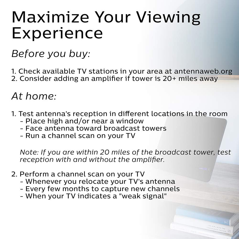 Philips Elite Channel Finder - Antena de TV para Interiores, Antena de Largo Alcance, Amplificador de señal Amplificador, Digital, HDTV, Compatible con Smart TV, 4K 1080P VHF UHF, 10 pies, coaxial