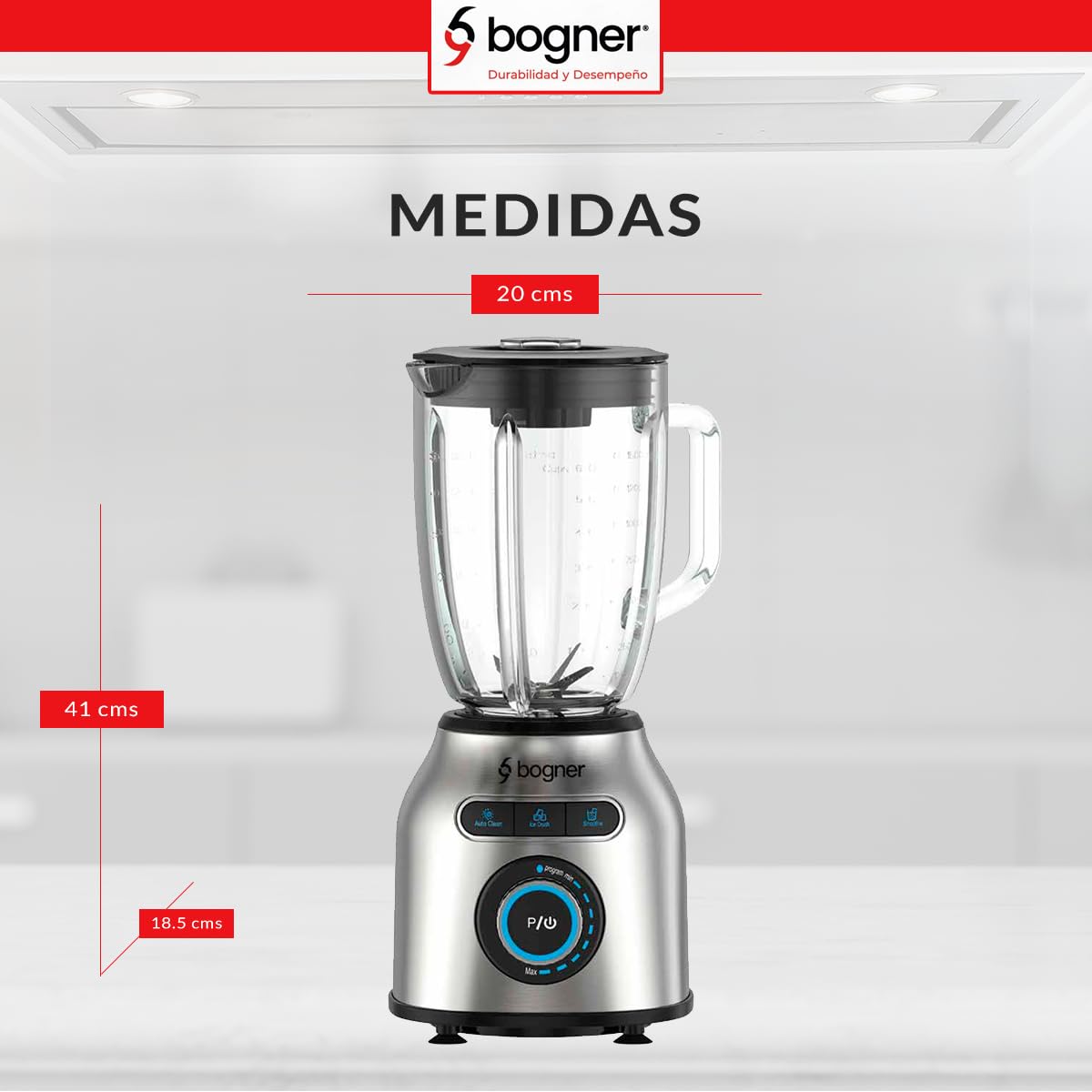 BOGNER Licuadora de 8 velocidades, 1200W fabricada con cubierta de acero inoxidable. Vaso de vidrio templato 1.75L. Función muele hielo, smoothie y autolavado.