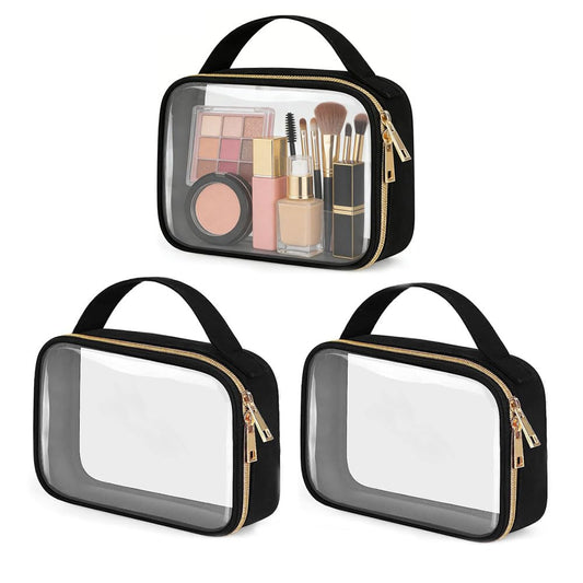 Paquete de 3 bolsas de maquillaje transparentes con asas, neceser de viaje para mujeres y hombres, bolsa de maquillaje de PVC repelente al agua, bolsa de transporte en aeropuerto, para viajes
