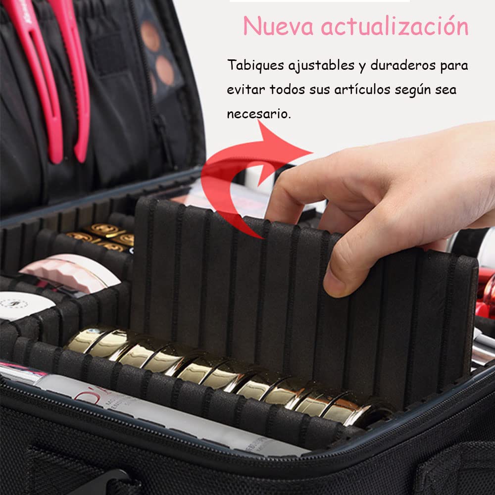 Bolsa de Maquillajede Viaje Estuche Organizador - Bolsa de Cosméticos Impermeable Portátil con Hombro Ajustable y Divisor Ajustable para Pinceles y Herramientas de Belleza (3 Layer, 40x29x13cm,Negro)