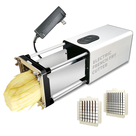 Fstcrt - Cortador eléctrico de freír francés, acero inoxidable con hoja de 1/2 y 3/8 pulgadas, cortador de papas fritas para restaurantes y cocina en casa, uso para patatas, zanahorias, pepinos