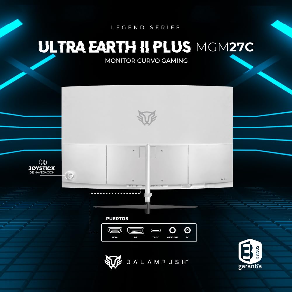 Balam Rush Monitor Gamer Curvo 27" VA/Ultra Earth II MGM27C / FHD R1800 / 180Hz / 1ms / F-Sync/G-Sync/Flicker-Free / 1xHDMI 1.4 + 1xDP 1.2 + 1xTipo C Display + 3.5 mm/VESA 100mm / Legend PEM Blanco