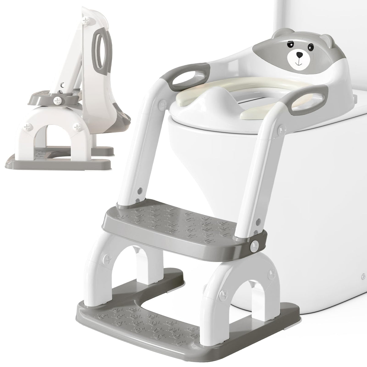 CUXFLS Asiento de entrenamiento para ir al baño con escalera para niños pequeños, inodoro de entrenamiento ajustable 2 en 1 para niños y niñas con protector contra salpicaduras, cojín impermeable