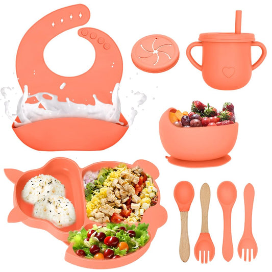 FINYQBET Platos Para Bebés De Silicona Con Tazón Cuchara Tenedor Babe,Set de 8 Piezas para Bebés,Plato para Bebe con Ventosas, Ajustable,NARANJA