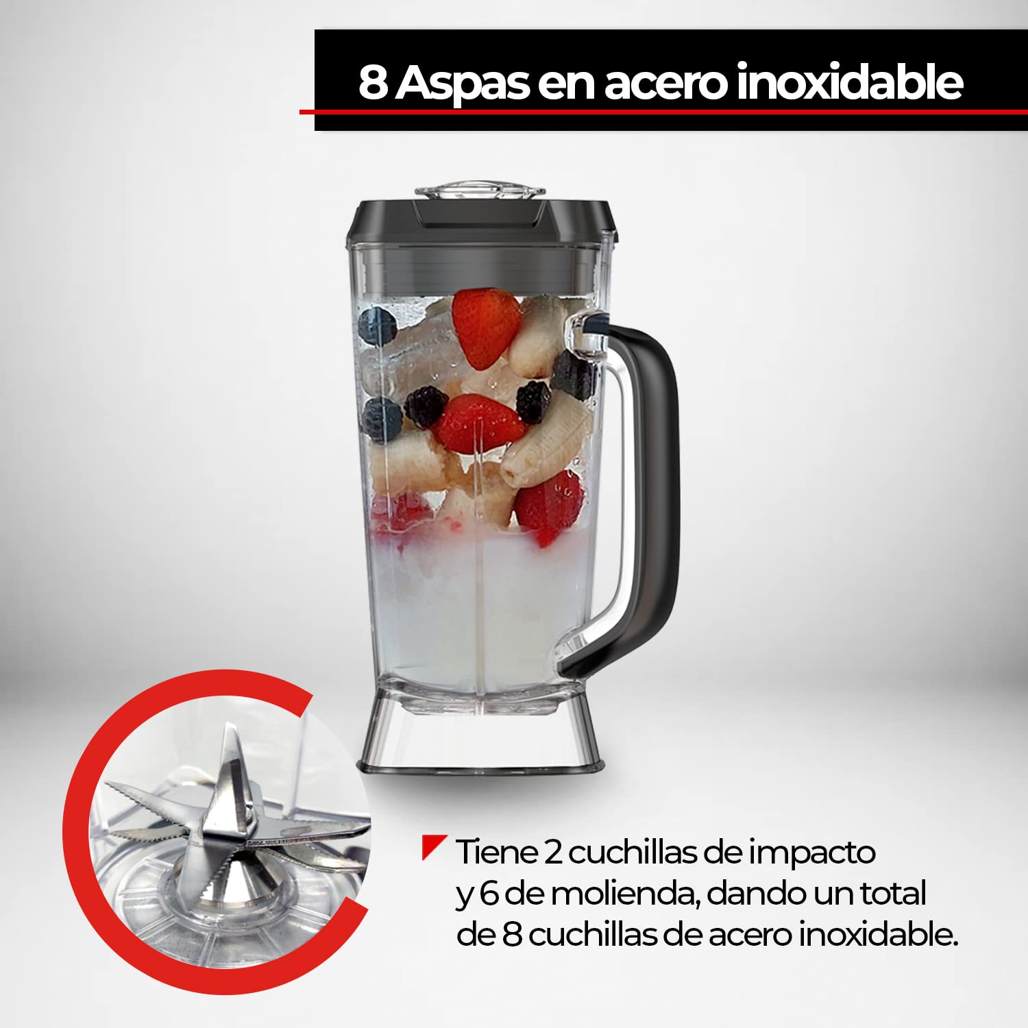 BOGNER Combo licuadora de uso rudo,1400W c/vaso de tritán extra de 2L Incluye tamper. Licuadora para casa o negocio, 8 cuchillas de acero inox