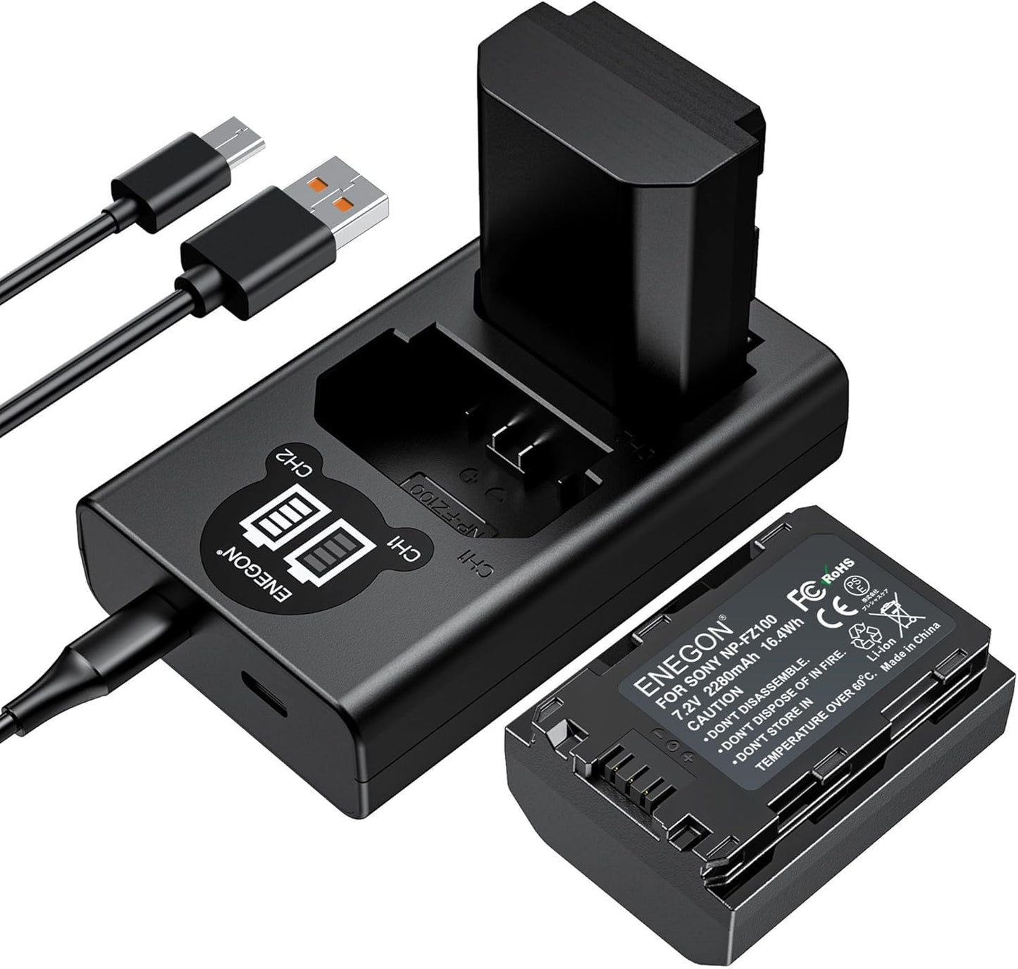 Batería de Repuesto ENEGON Negro Paquete de 2 con Cargador Dual USB para Sony NP-FZ100 y Alpha Serie A9/A7R/A6600